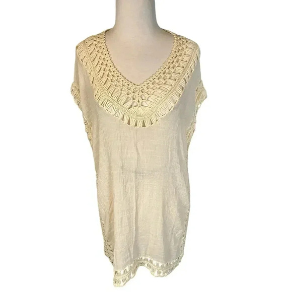 Women's Swimsuit Coverup Tan Sheer Bohemian Crochet Trim - Picture 4 of 6
